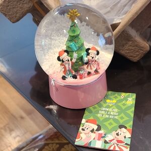 Disney Festive Pink Snow Globe with Mickey and Minnie